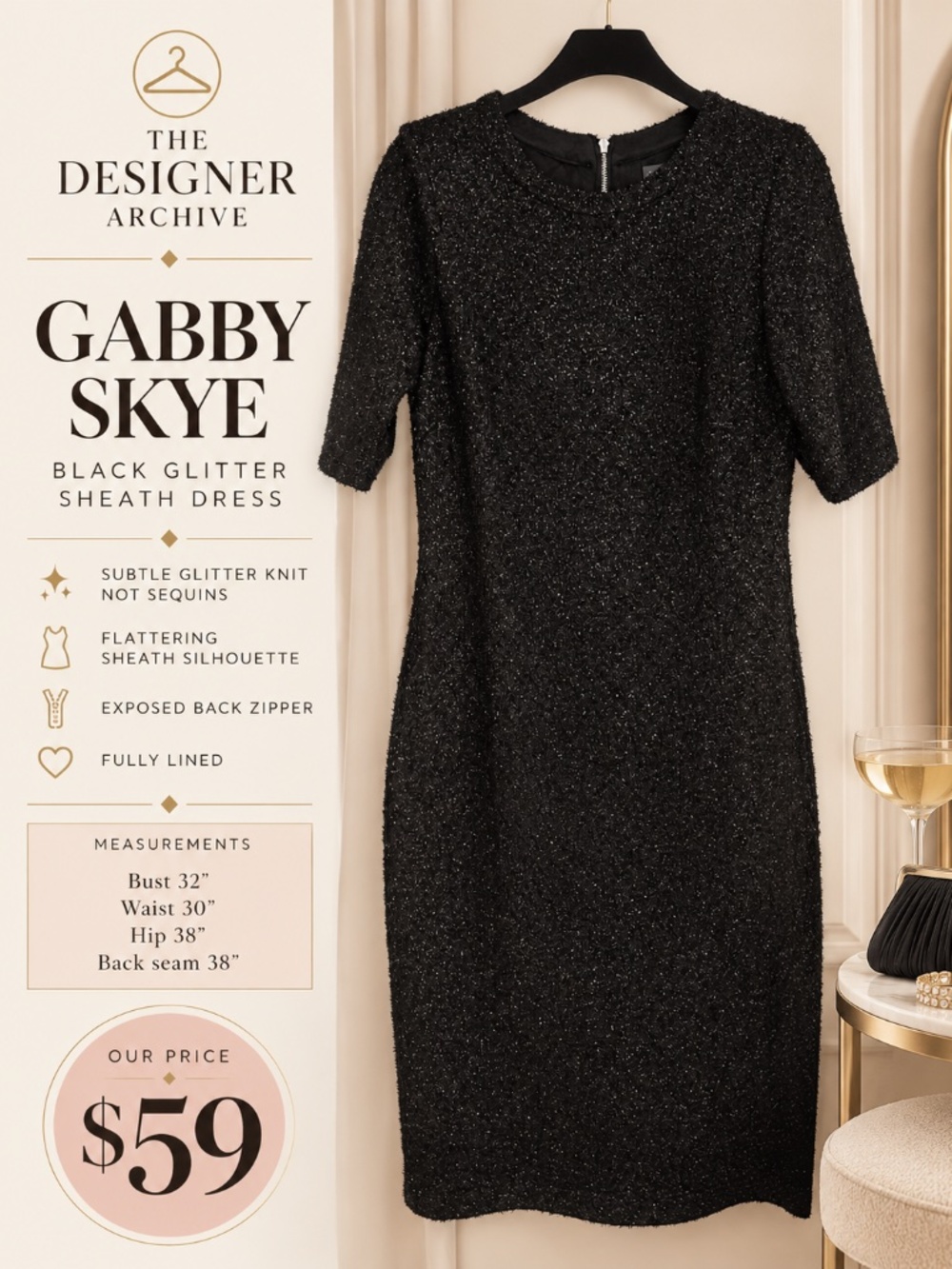Gabby Skye Black Glitter Sheath Cocktail Dress Size 10
